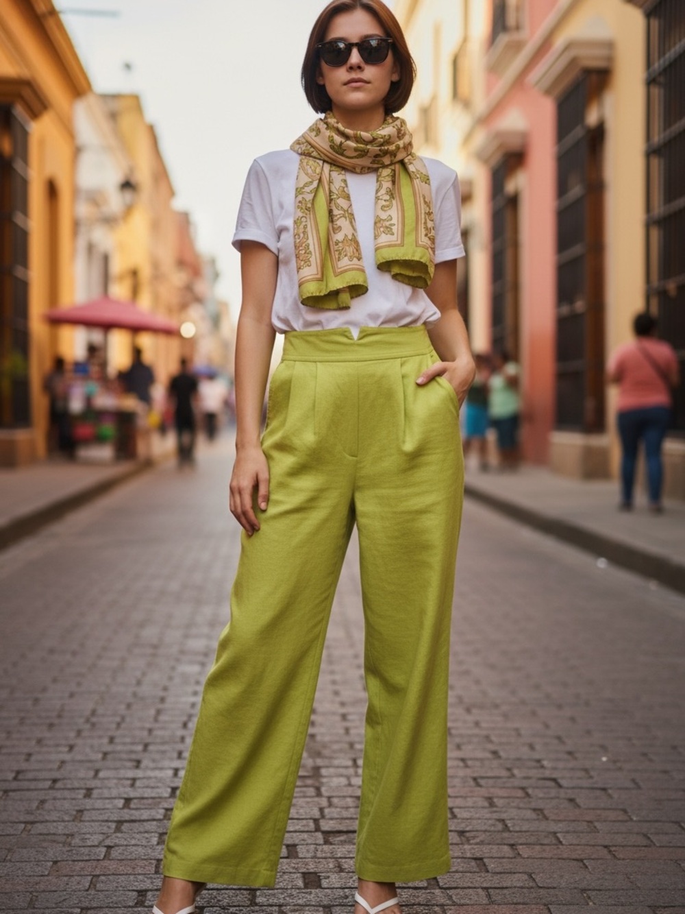 Vintage Levante 100% linen chartreuse pleated wide-Leg High-Waist Pants Sz 6